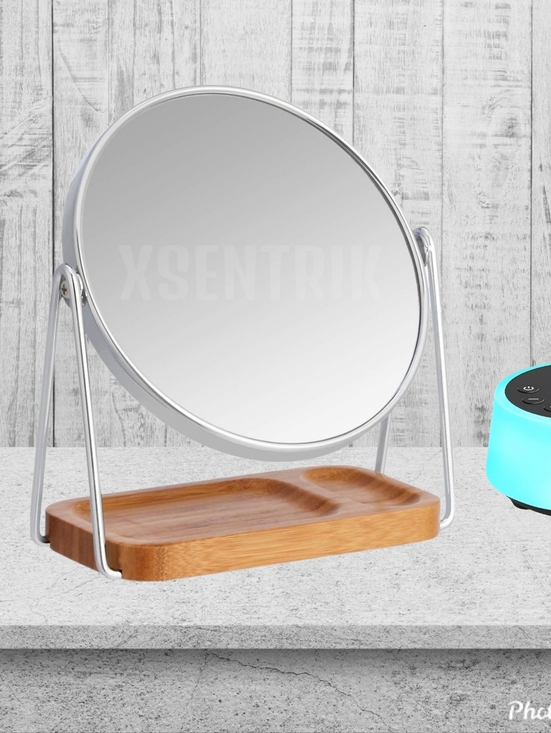 Other - Chrome Rim Mirror with Bamboo Base - Sleek Silver and Natural Wood